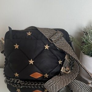 MZ Wallace Bowery Nylon Crossbody Black Quilted Star Embroidered Bag